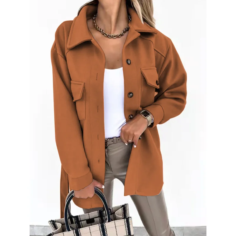 Office Lady Lapel Shirt Jacket Women Autumn Winter Casual Long Sleeve Single Breasted Female Top Coat Thick Solid Loose Coats