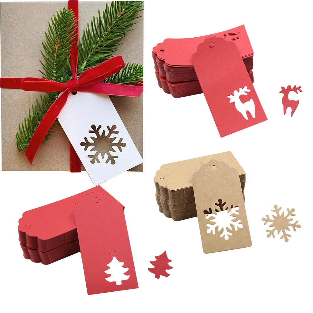 50PCS Chrismtas Kraft Paper Tags Hollow Red White Natural Snowflake/Deer Crafts Hanging Tag Christmas DIY Gift Wrapping Supply