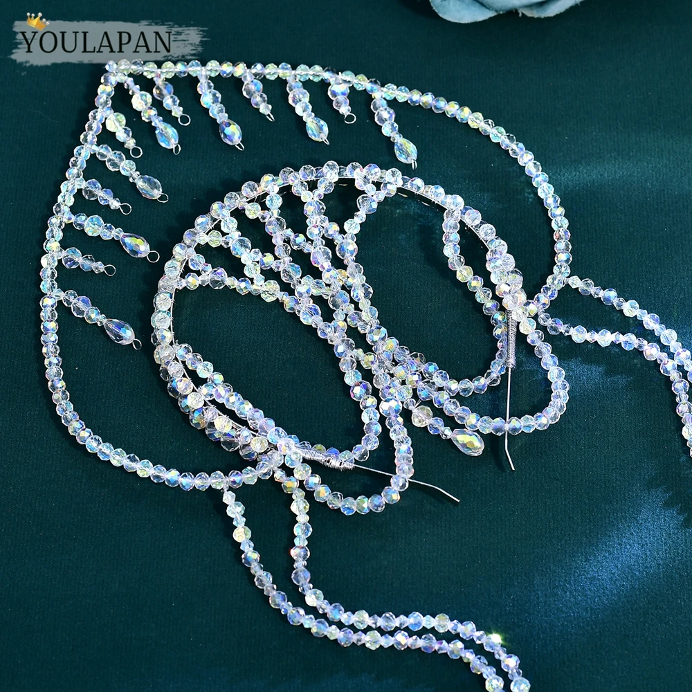 Фото Свадебная корона-ободок YouLaPan AB Crystal с длинными кисточками, ручной работы, расшитая бисером, для конкурсов красоты, украшение для волос A417 №4