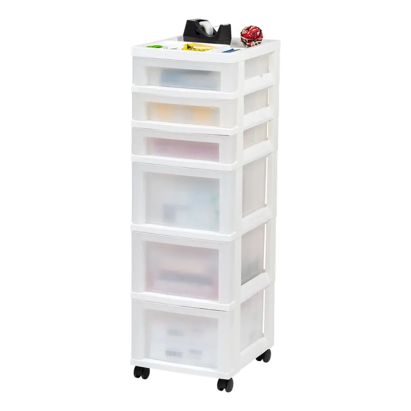 

6-Drawer Sturdy Plastic Storage Cart with Organizer Top, Wheels and Adult-sized Handles, Snow White and Glistening Pearl