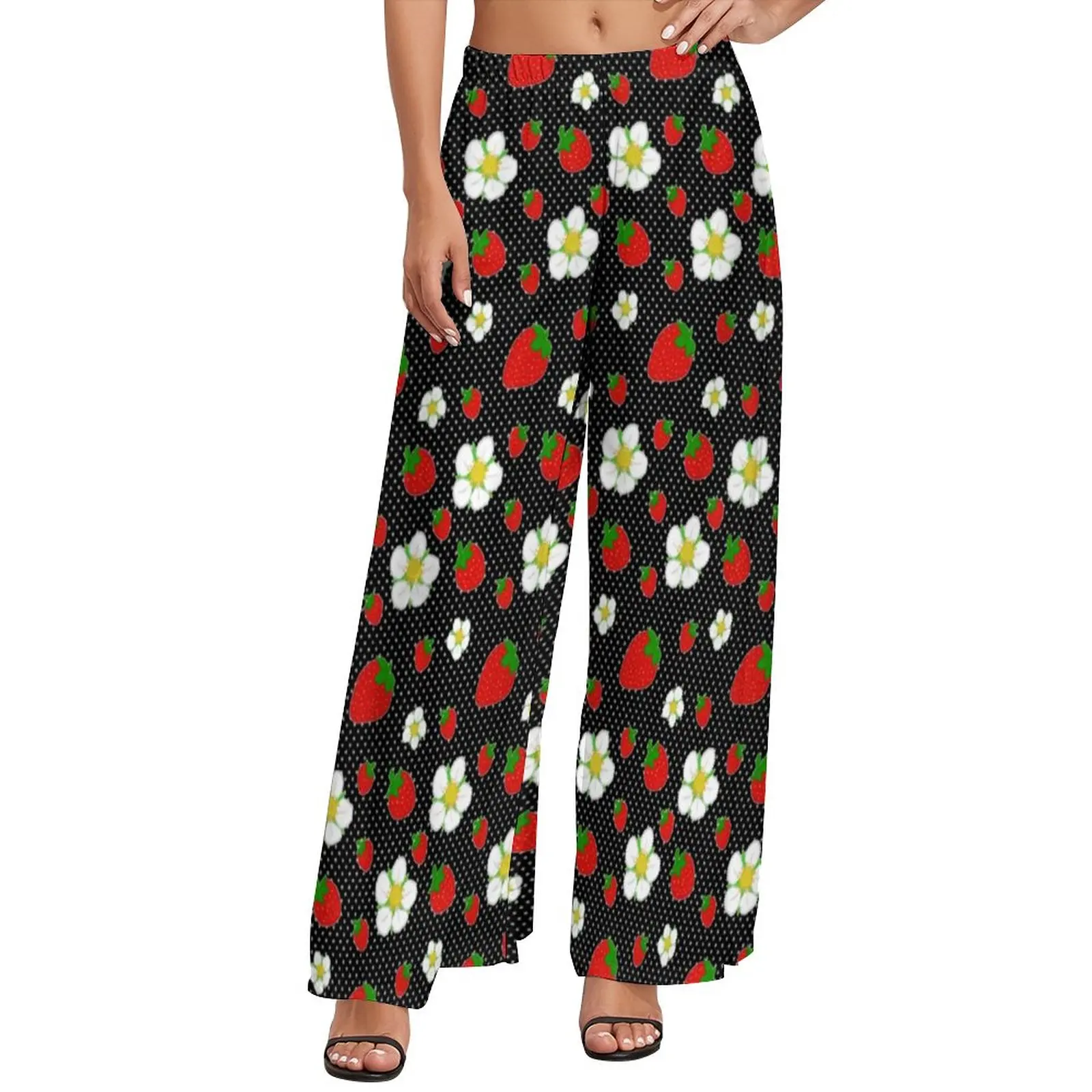 

Cute Fruit Flower Pants Red Strawberry Dots Print Elegant Wide Leg Pants Womens Big Size Street Wear Design Straight Trousers