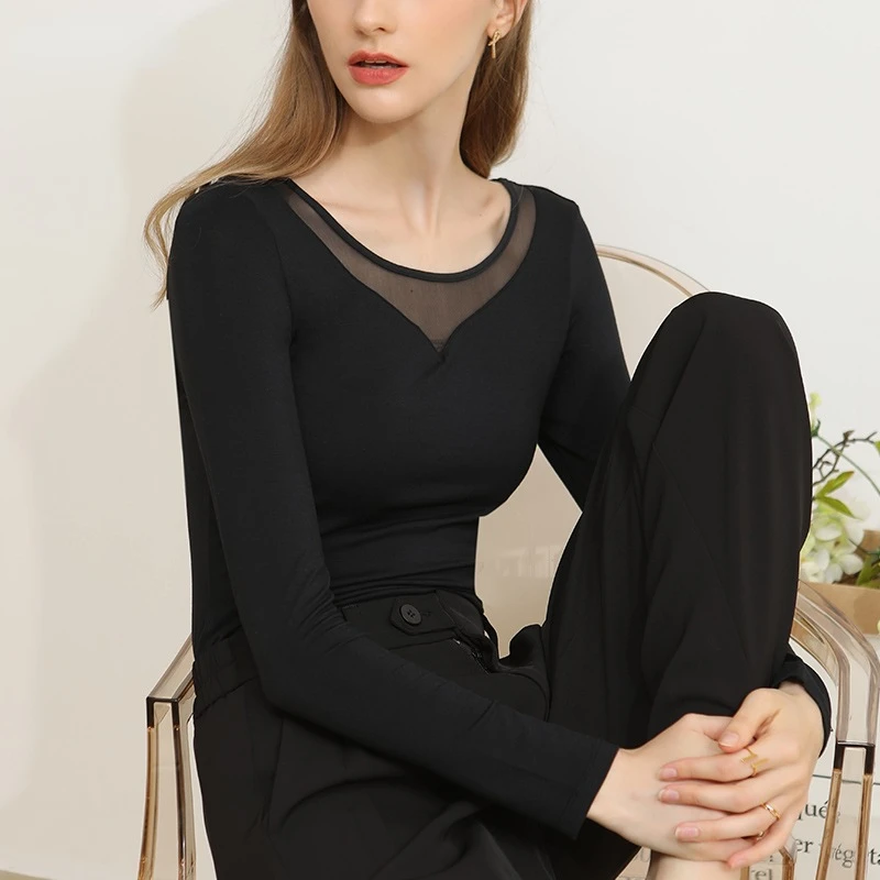 

Autumn Long Sleeved Underlay T-shirts for Women Laydown Solid Round Neck Mesh Splice Fashion Casual Women Clothing