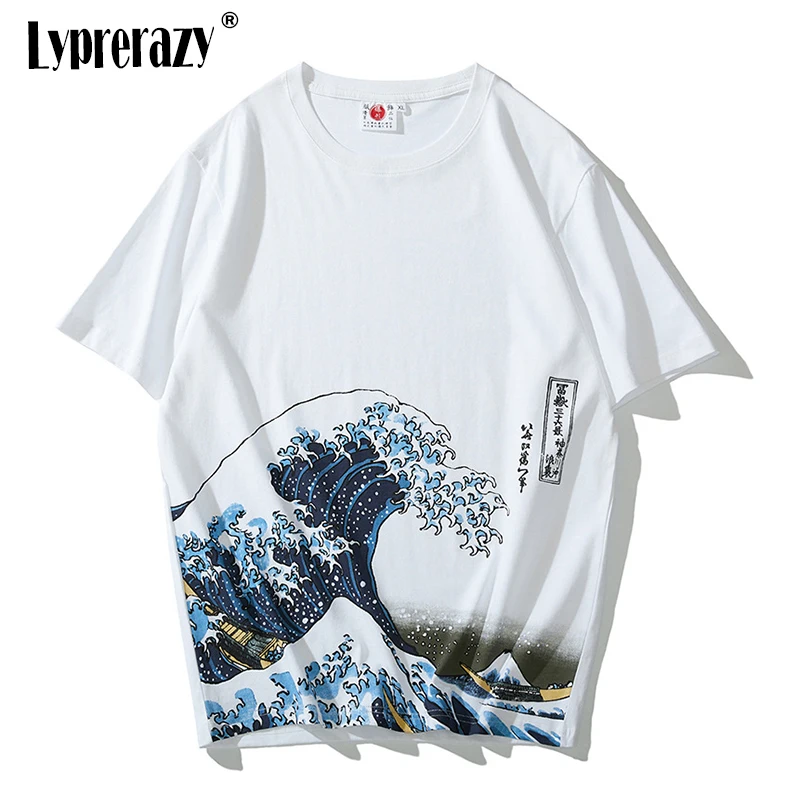 Lyprerazy Harajuku Ukiyoe Kanagawa Waves Japanese Tide Brand Men's Printed Short Sleeved T-shirt
