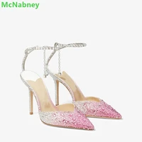 crystal slingback ankle strap sandals pointed toe rhinestone thin high heel bling sexy elegant fashion women summer shoes