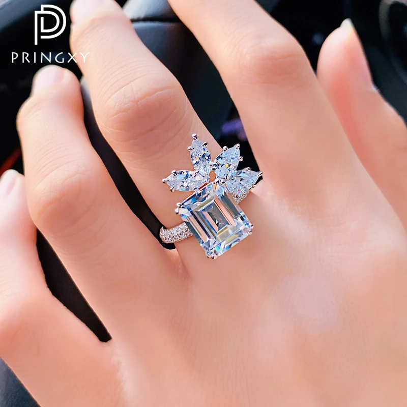 PRINGXY Square Diamond Ring for Women S925 Sterling Silver 18k Gold Plated 5ct Luxury Flower Cubic Zirconia Ring Wedding Bands