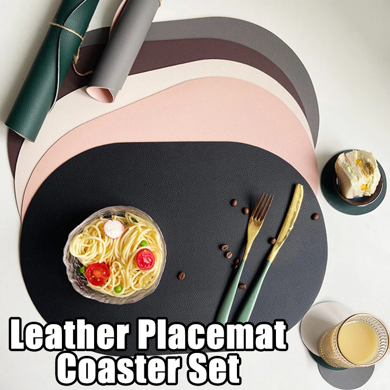

Nordic Style Placemat Coaster Set Waterproof Heat Insulation Pad Oval Western Leather Placemats and Coasters Kitchen Accessories