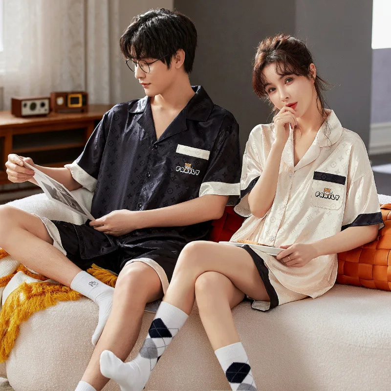 New Couple Pajamas Summer Ice Silk Senior Sense Short-Sleeved Shorts Two-piece Suits Casual Simulation Silk Women Men Home Wear