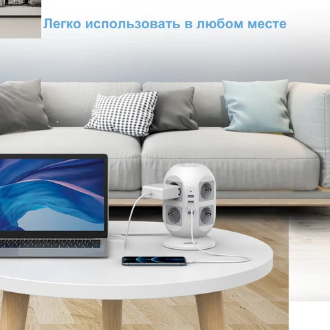 TESSAN Вертикальный удлинитель 8 розеток + 4 USB 2 м