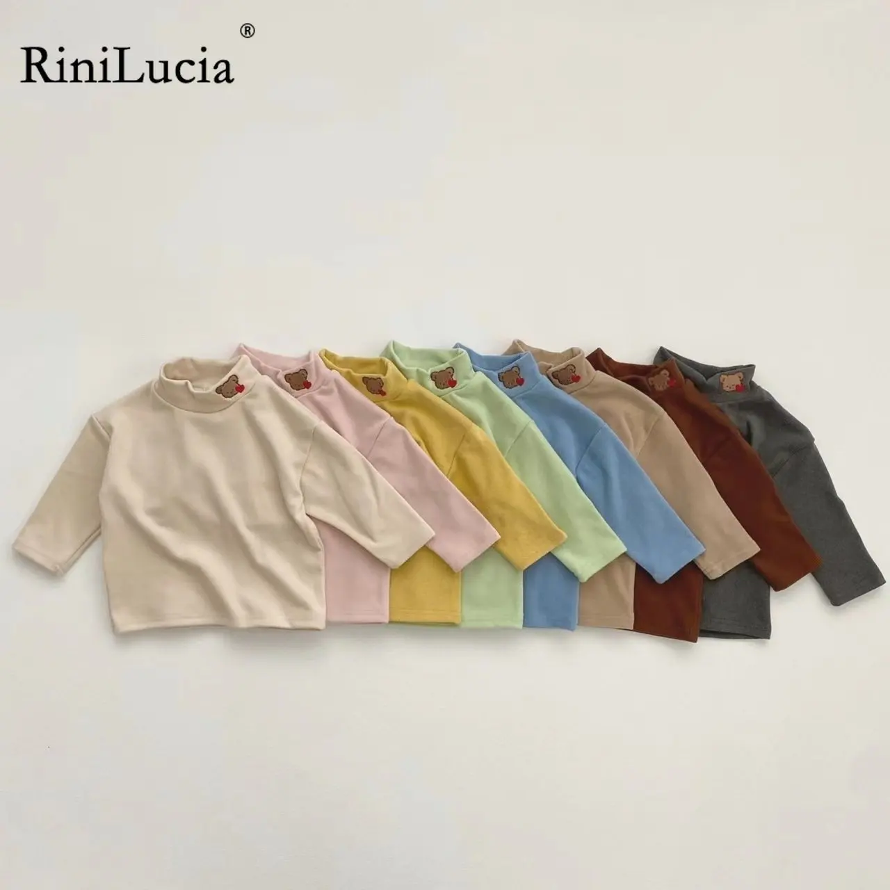 

RiniLucia New 2022 Autumn Winter Boys Girls Kids Embroidery T Shirt Tops Children Turtleneck Long Sleeve Warm Casual T-shirts