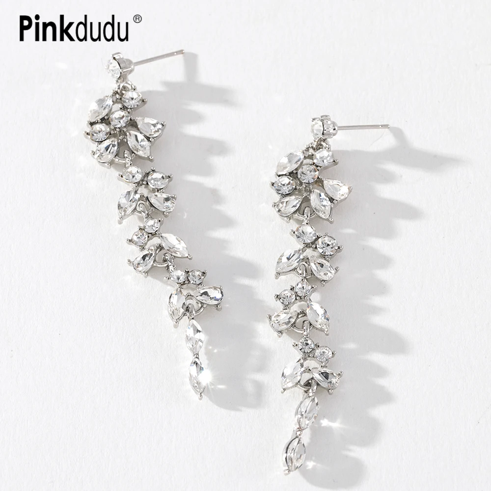 

Pinkdudu Fashion Rhinestone Leaf Tassel Dangle Earrings 925 Silver Needle Personality Long Alloy Earring Women Jewelry PD1008