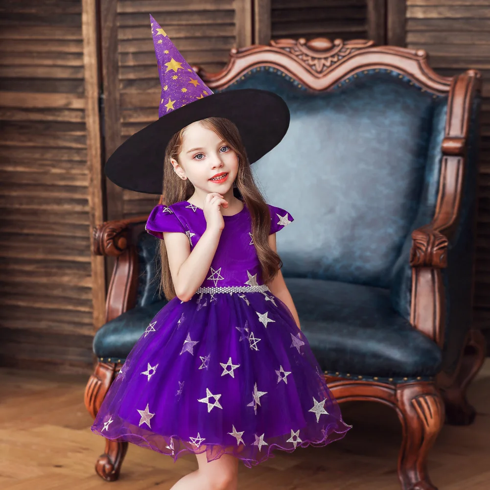 

2022 NEW Girls Dress For Halloween Costume Set Party Skirt Children Hat Wizard Show Cosplay Cute Lace Sweat Black Short Summer