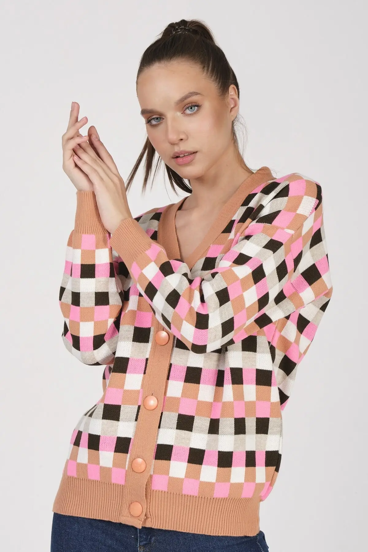 

Women's Cardigan Pink checked Casual Knitted High Quality Fashion Cardigan Sweaters Loose Sweater Jumper