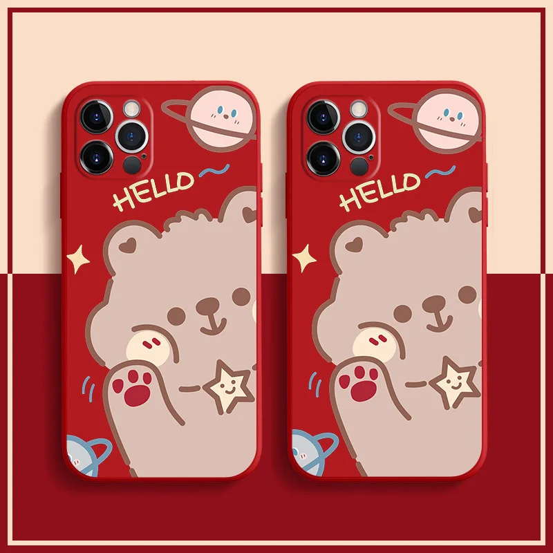 

Cute Cartoon Bear Phone Case For Apple iPhone 13 12 11 Pro 13 12 Mini X XR XS Max 6 6S 7 8 Plus Liquid Silicone Cover Smartphone