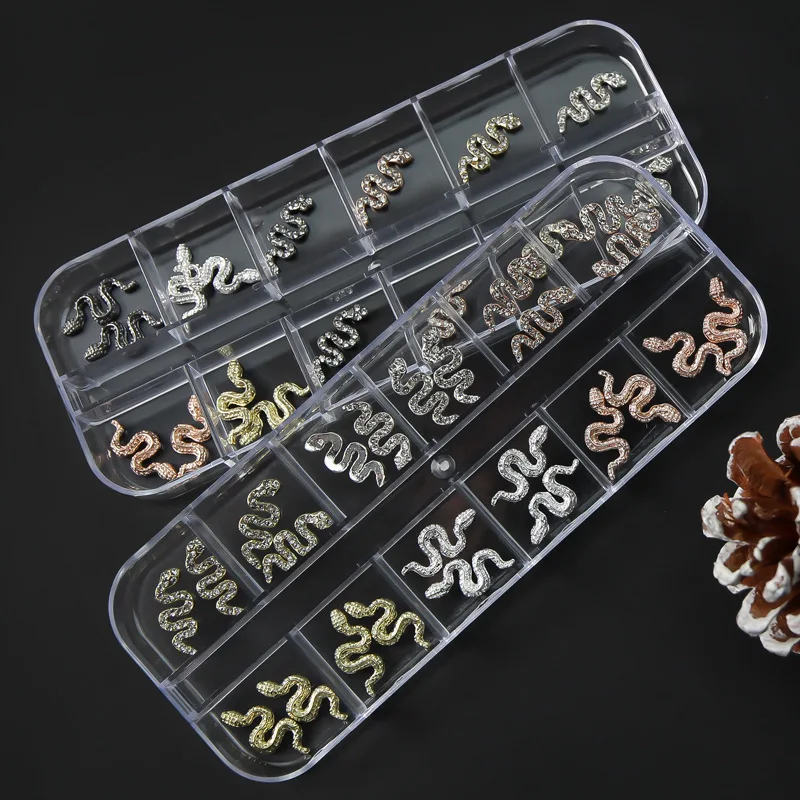 

metal nail charms set diamond inlaid alloy snake 12 grid mixed nail art decorations nail rhinestones