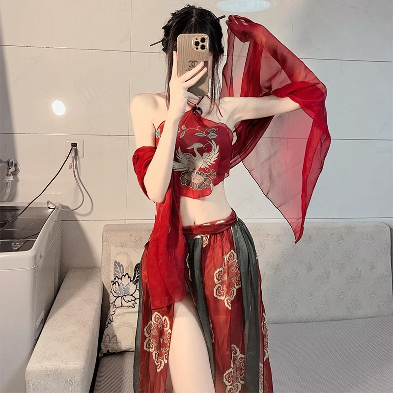 Chinese Red Sexy Hanfu Apron Women's Pure Desire Lingerie Suspender Skirt Uniform Hot Shawl Temptation Pajamas Bandage Skirt Set