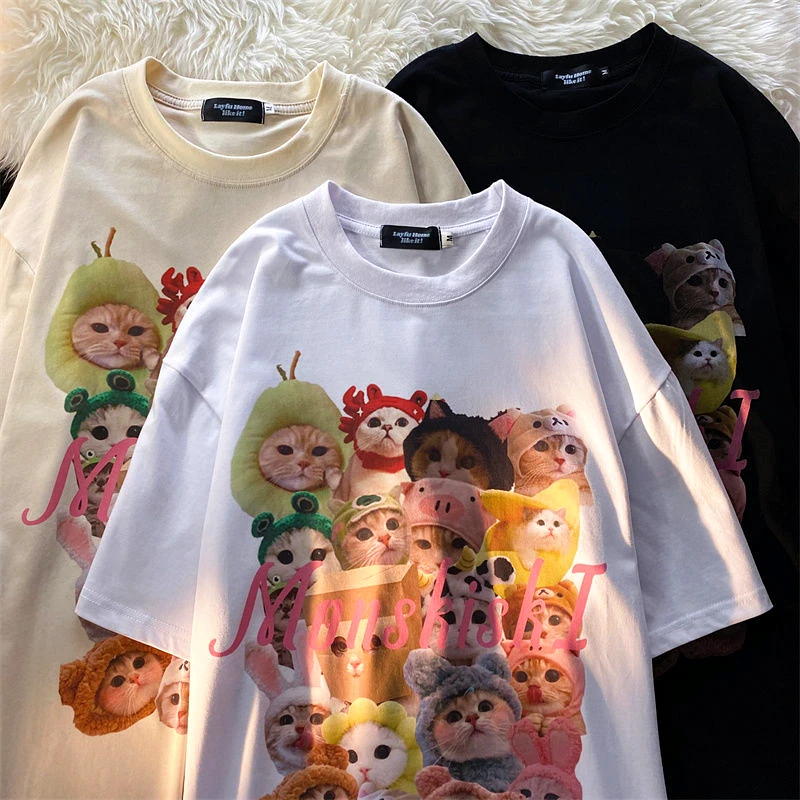 3XL White Apricot Cotton Y2K Tops Vintage Cats Kittens T Shirts Women Girls Cute Cartoon Graphic Tee Summer Oversized Harajuku