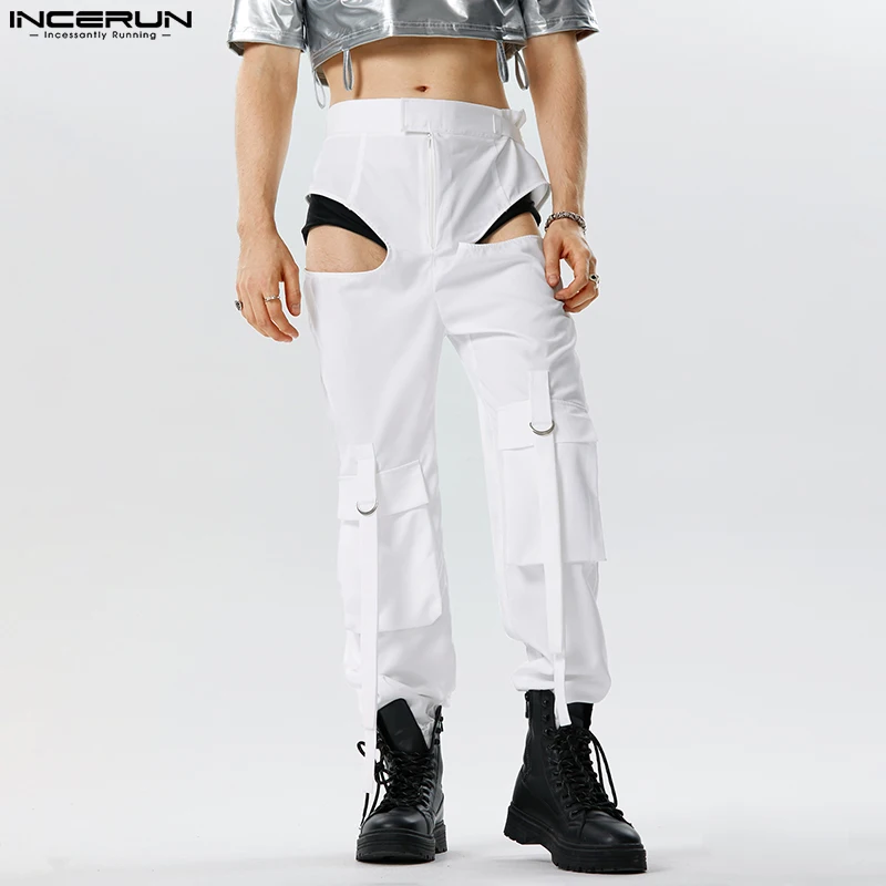 

INCERUN 2023 American Style Handsome Men Stylish High Waisted Zipper Hollow Pantalons Casual Comfortable Solid Cargo Pants S-5XL