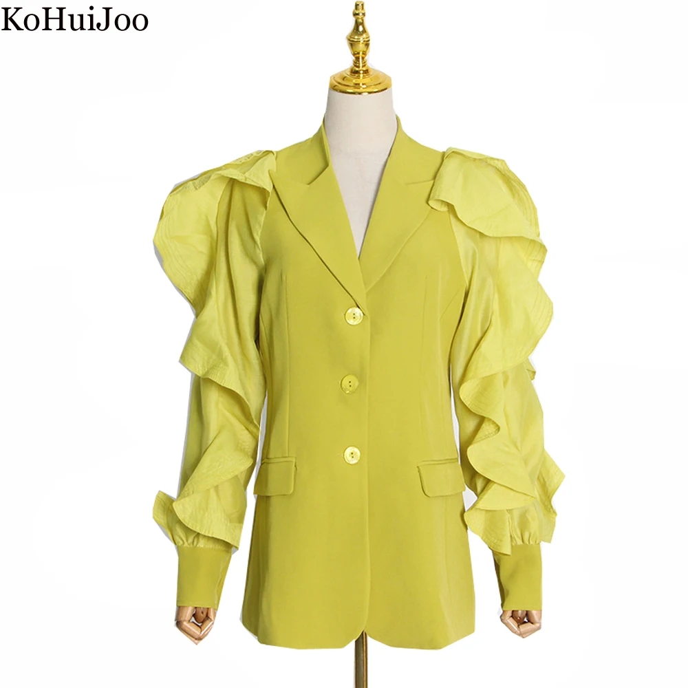 KoHuiJoo Ladies Blazer Jackets for Women Fashion Ruffle Lapel Mesh Puff Sleeve Slim Catwalk Autumn Coat High Quality Outerwear