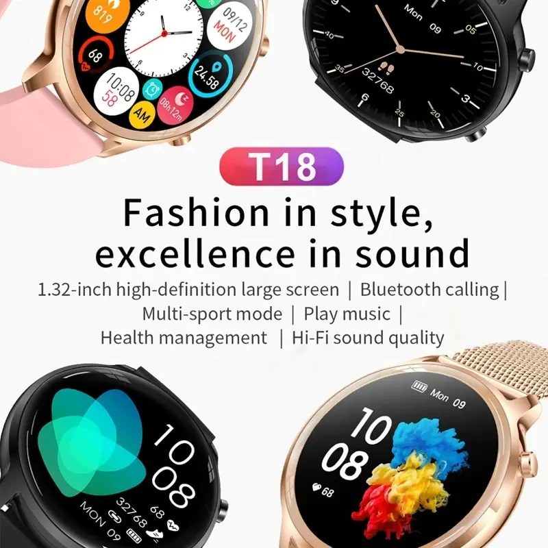 Smart Watch T18 Fashion Girl Women Sports Fitness Tracker Bracelet BT Call Heart Rate Monitoring Lady Female Smartwatch