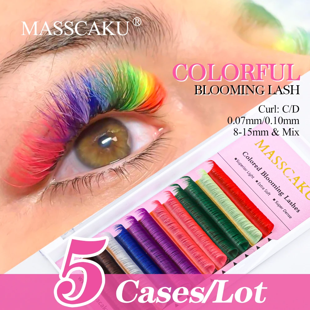 5case/lot Private Label Masscaku Premium Mink Rainbow 8 Colors C D Curl Blooming Eyelashes Austomatic Fans False Eyelash