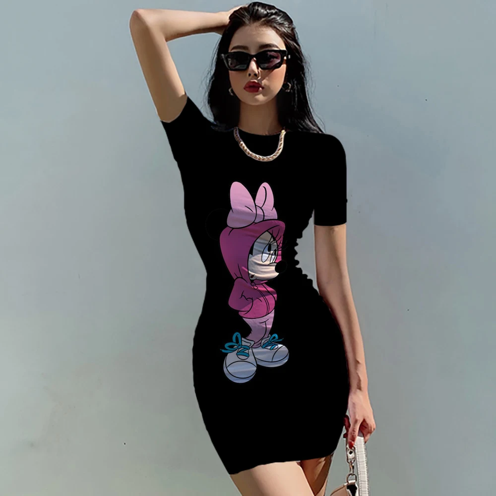 

2022 Disney Minnie Mickey Mouse cartoon print sexy tight fitting dress summer fashion bag hip beach party High street dresses