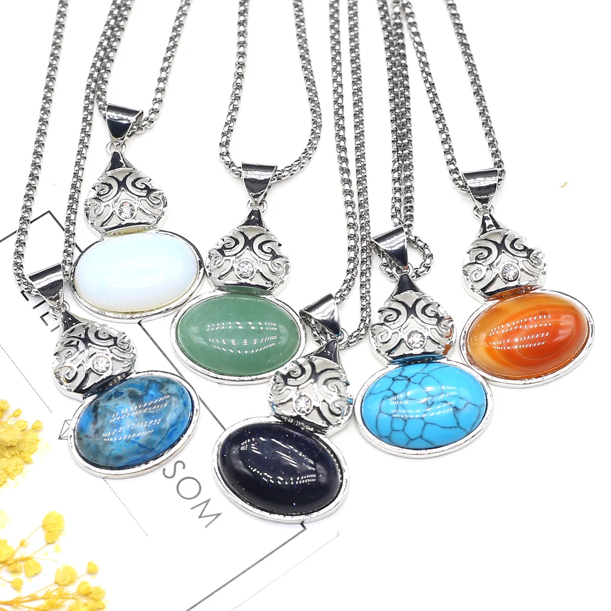 

Natural Shell Stone Pendant Necklace Gourd Shape Quartz Agate Colorful Shell Stainless Steel Chain for Jewelry Women Gift