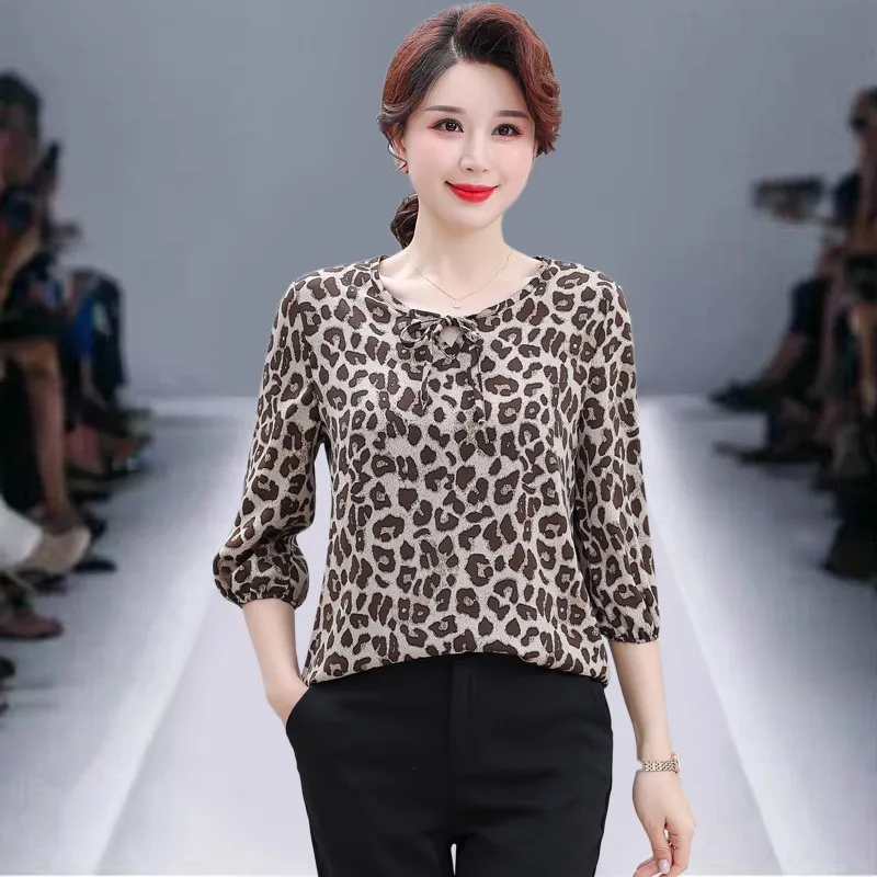 

Summer 3/4 Sleeve Bow Chic Printed Chiffon Blouse Ladies Loose Elegant Vintage Shirt Women Top Female Clothes