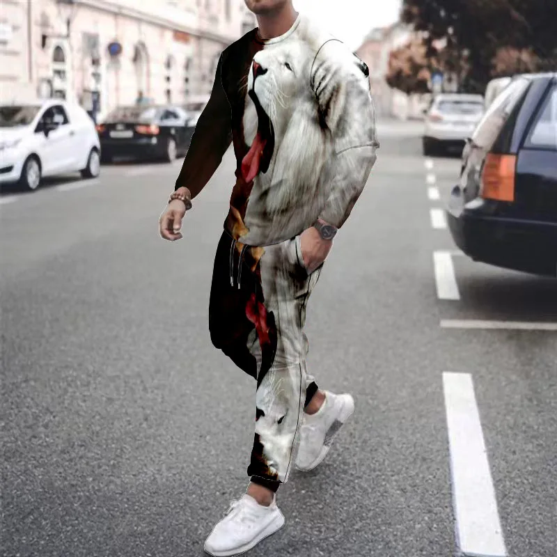

2022 Men's New, Beast Lion, Pattern 3D Print Round Lead Long Sleeve Multi-pocket Top, Elastic Waist Trousers Suit