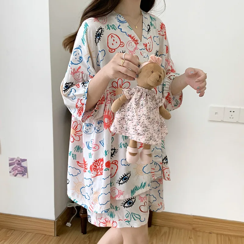 Summer Japanese Young La's Thin Cardigan Set Loose Cartoon Two Pieces Pajama Women Lovely V-Neck Half Sleeve Girl's Home Wear