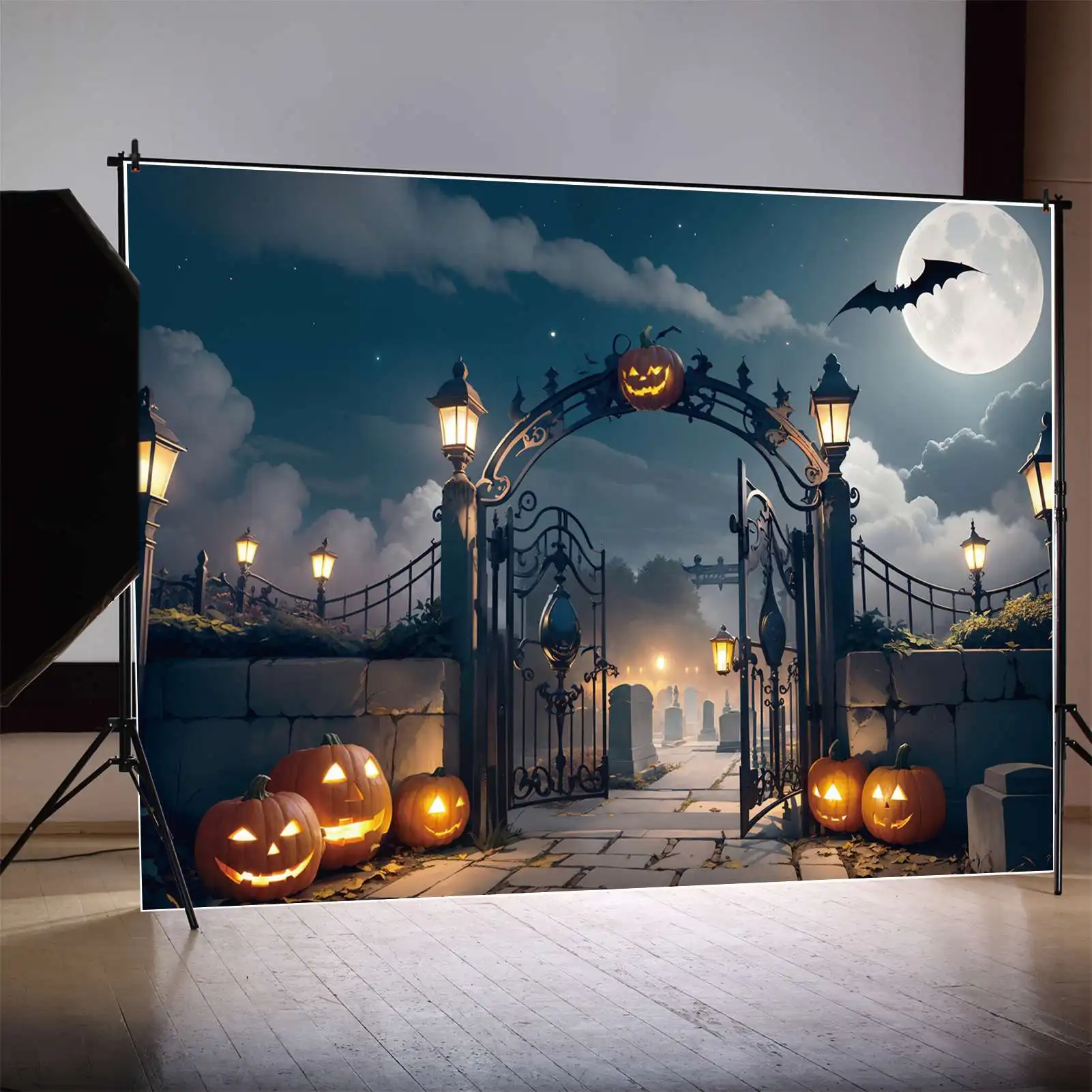

MOON.QG Photography Backdrop Halloween Cemetery Arch Night Pumpkin Lartern Photo Background Custom Baby Party Photoshoot Props