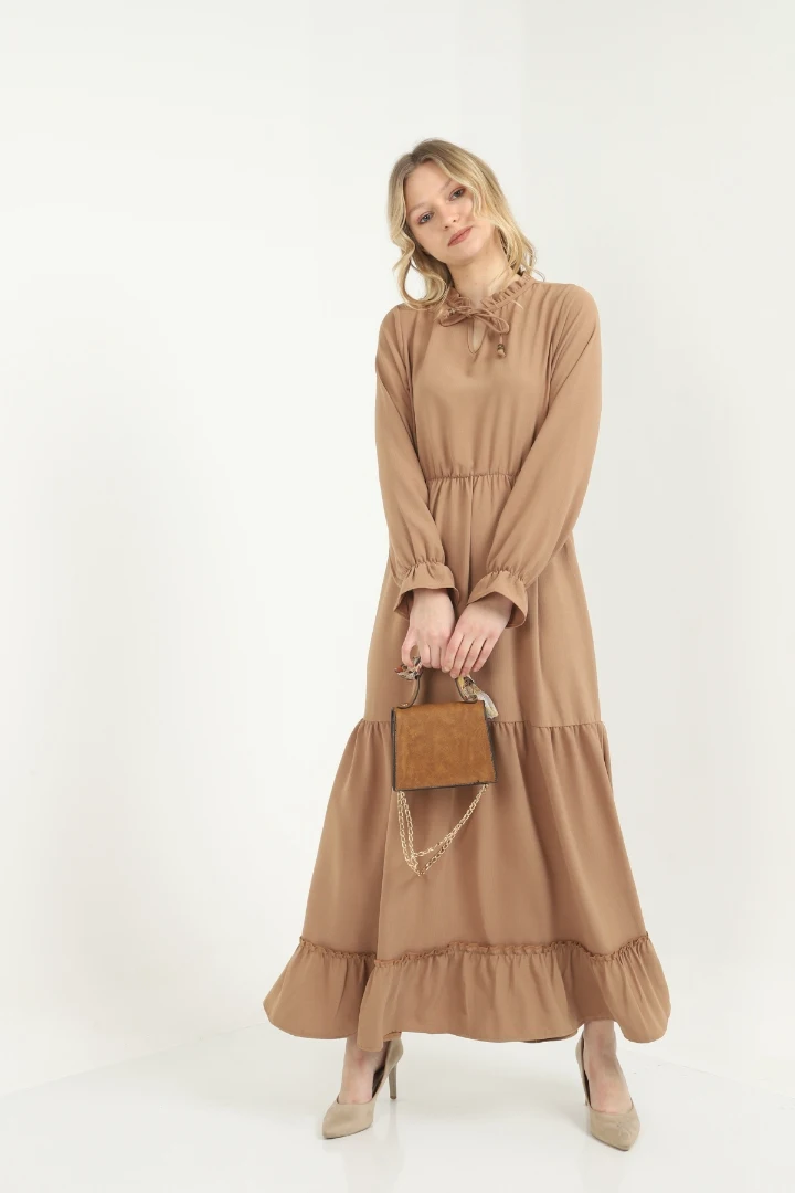 

Tan Colar Laced Shir Detail Dress new season plus size long-sleeve modern design casual cutout elegant women dress