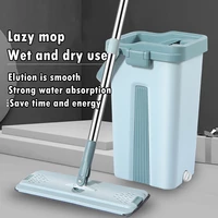 hands free wringing mop and bucket set flat squeeze mop washable microfiber mop pad wet and dry dual use tile floor cleaning