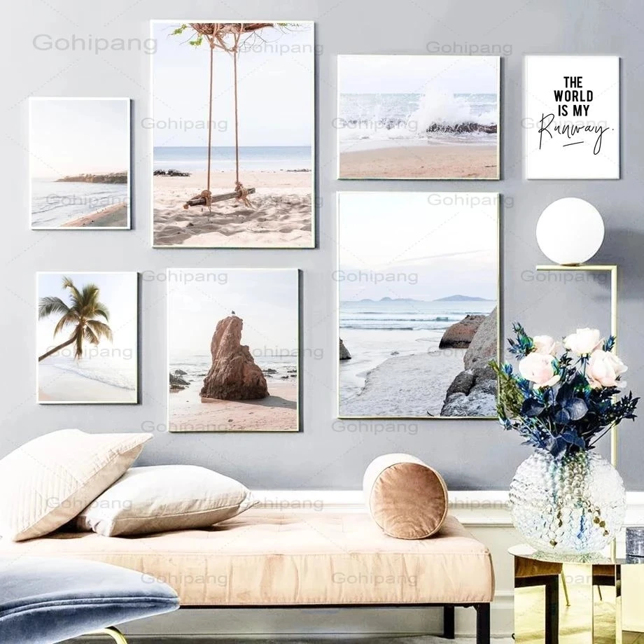 Seascape Canvas Painting Nordic Sea Waves Beach Palm Tree Swing Wall Art Posters And Prints Wall Pictures For Living Room Decor high top white black converse design summer style sea beach sunshine palm tree surfing unique canvas sneakers