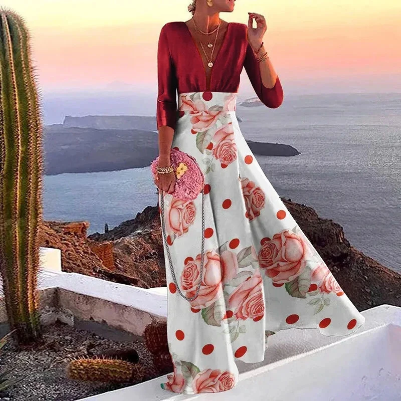 

Sexy Deep V-neck Splicing Swing Long Dress Women Spring High Waist A-Line Boho Party Dress Autumn Long Sleeve Loose Maxi Dresses