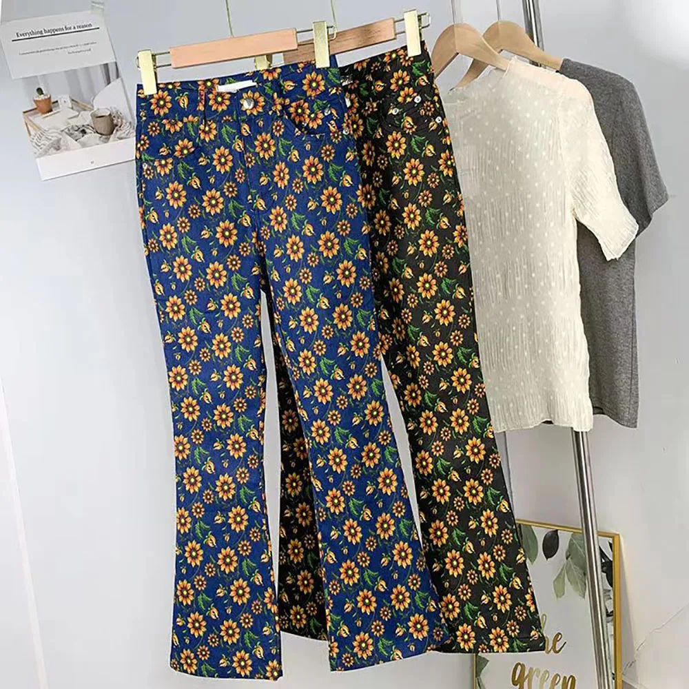 Women's Flare Pants High Waist Jeans Bag Hip Woman Sunflower Floral Print Clothes Wide Leg Flared Pants