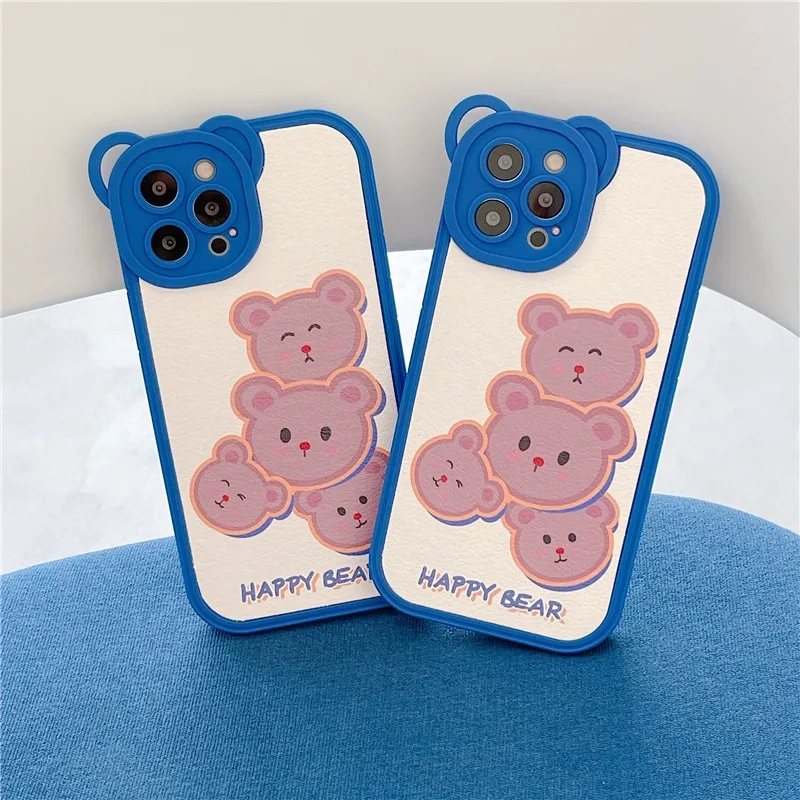 

Cute Bear Head Lens Circle Rose Flower Anti-fall Soft Case For Iphone 11 12 13 Pro Max 7 8 Plus Xr X Xs Se Leather Cover Fundas