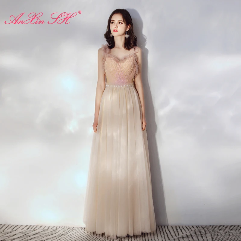 

Розовое кружевное вечернее платье принцессы AnXin SH, винтажное праздничное вечернее платье на бретелях-спагетти с бусинами и жемчугом, сверка...