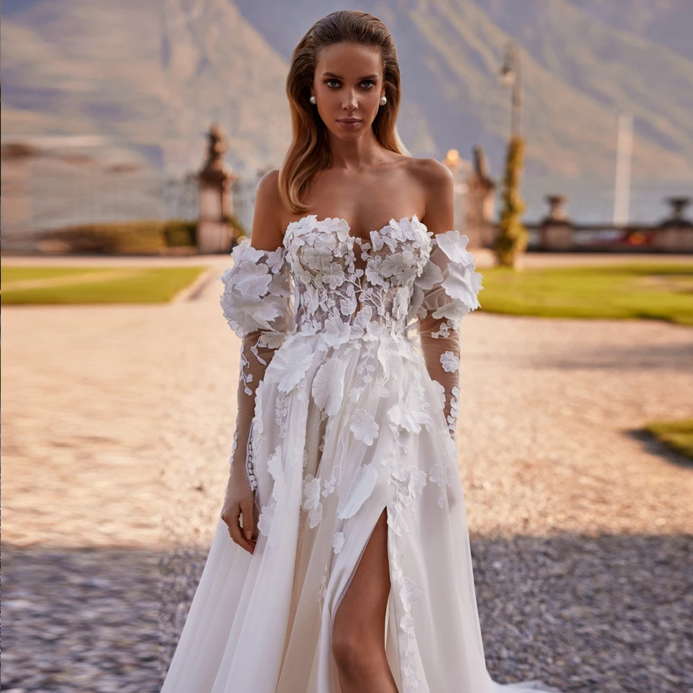 

Sexy White Flowers Wedding Dresses Sweetheart Neck Long Sleeves Bridal Gowns Sweep Train A-Line Vestidos De Novia Custom Made