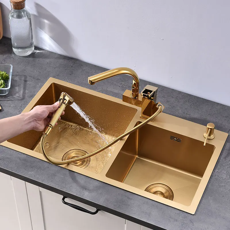 

Golden kitchen sink above counter or udermount vegetable washing basin sink Golden stainless steel seamless welding Golden pia