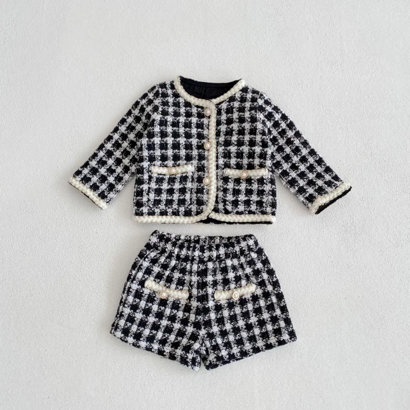 2023 Spring Dress Baby Girl Tweed Plaid Long-sleeved Shirt Open Coat+short Pants Two-piece Suit Newborn Baby Girl Clothes