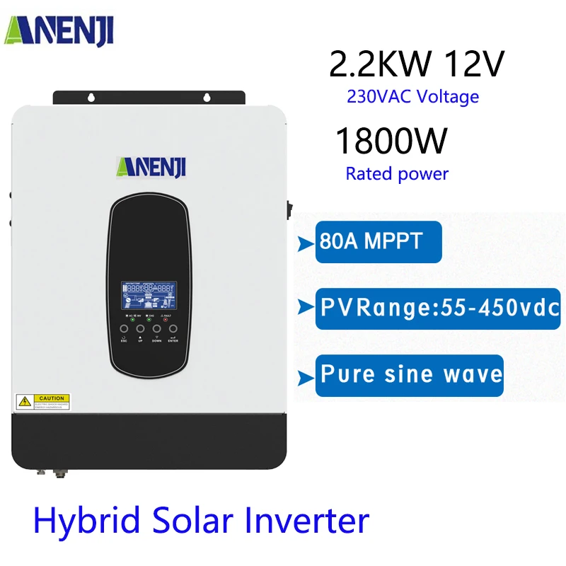 

2.2KVA 12V Hybrid Solar Inverter 1.8KW 220V Off Grid Inversor PV 450V Built-in 80A MPPT Solar Charge Controller for Solar Plane