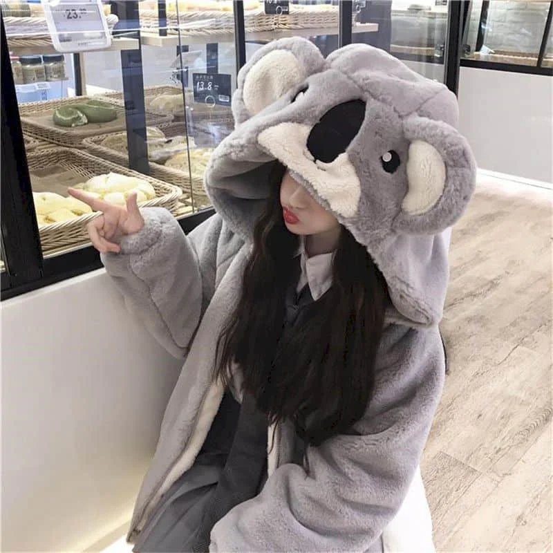 Women 2023 Student Thickened Furry Coats Autumn Winter New Japanese Soft Girl Cute Koala Ear Hooded Jackets Plush Jacket Female