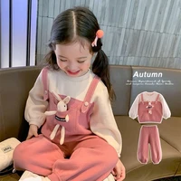 keaiyouhuo new autumn korean style kids girl clothing cute pocket rabbit long sleeve suits sweet pink children clothes sets 5y
