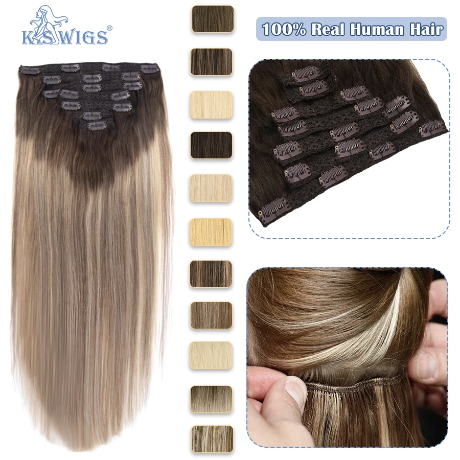 K.S WIGS Full Head Clip in Hair Extension Balayage Blonde Machine Remy Human Hair 100% Real Natural Hairpiece Clips On For Women