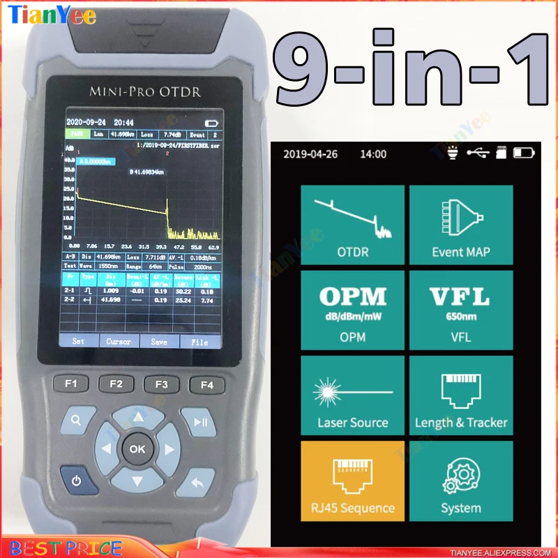 Мини-Pro OTDR оптический временной рефлектометр 9 в 1 OPM OLS VFL карта событий RJ45 Ethernet