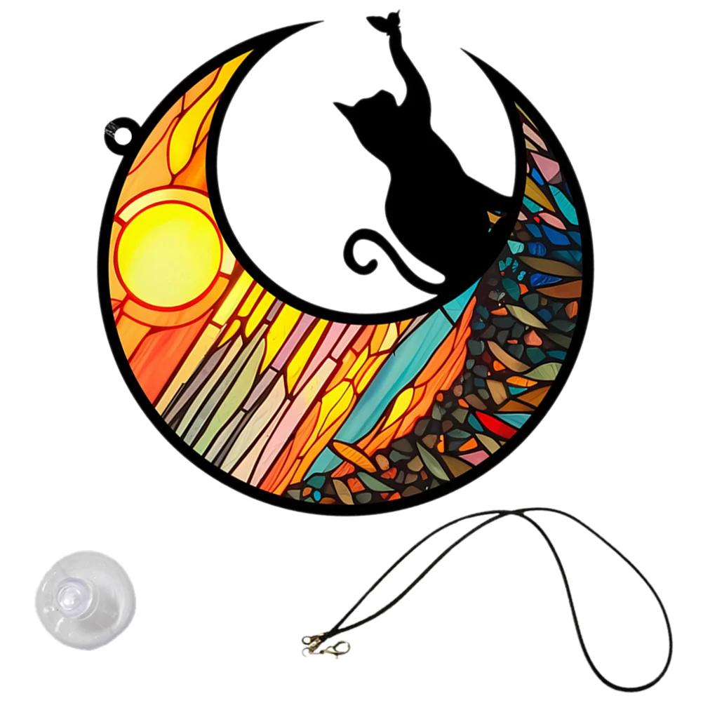 

Window Cat Moon Pendant Adornment Hanging Stained Suncatcher Ornaments Decorate Glass Acrylic Wall Home
