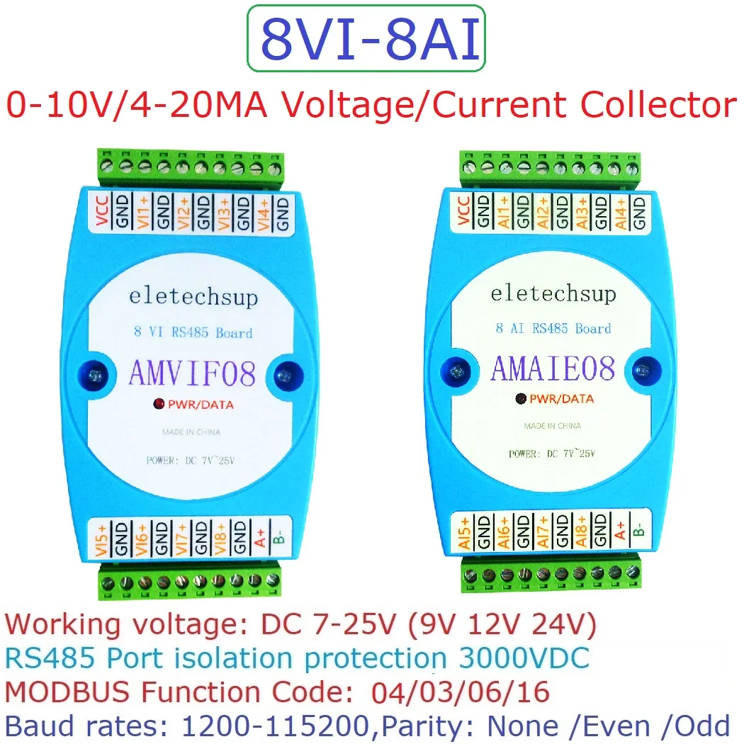 

DC 12V-24V 8AI 8VI 4-20MA 0-20MA 0-10V To RS485 Current Voltage ADC Collector Module MODBUS RTU Board