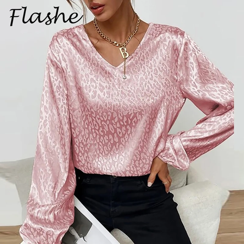 

Fashion Long Sleeve Shirt Women Elegant Office Lady Tops Pullover Sexy Leopard Print V Neck Loose Business Women Blouses 2022