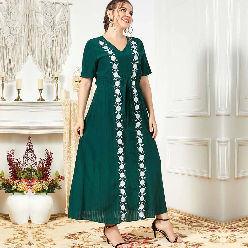 

Fashion Floral Embroidered Dress V-Neck Loose Short Sleeve Waist Lace-Up Dress Muslim Abaya Islam Turkey Long Dress 2022 Summer