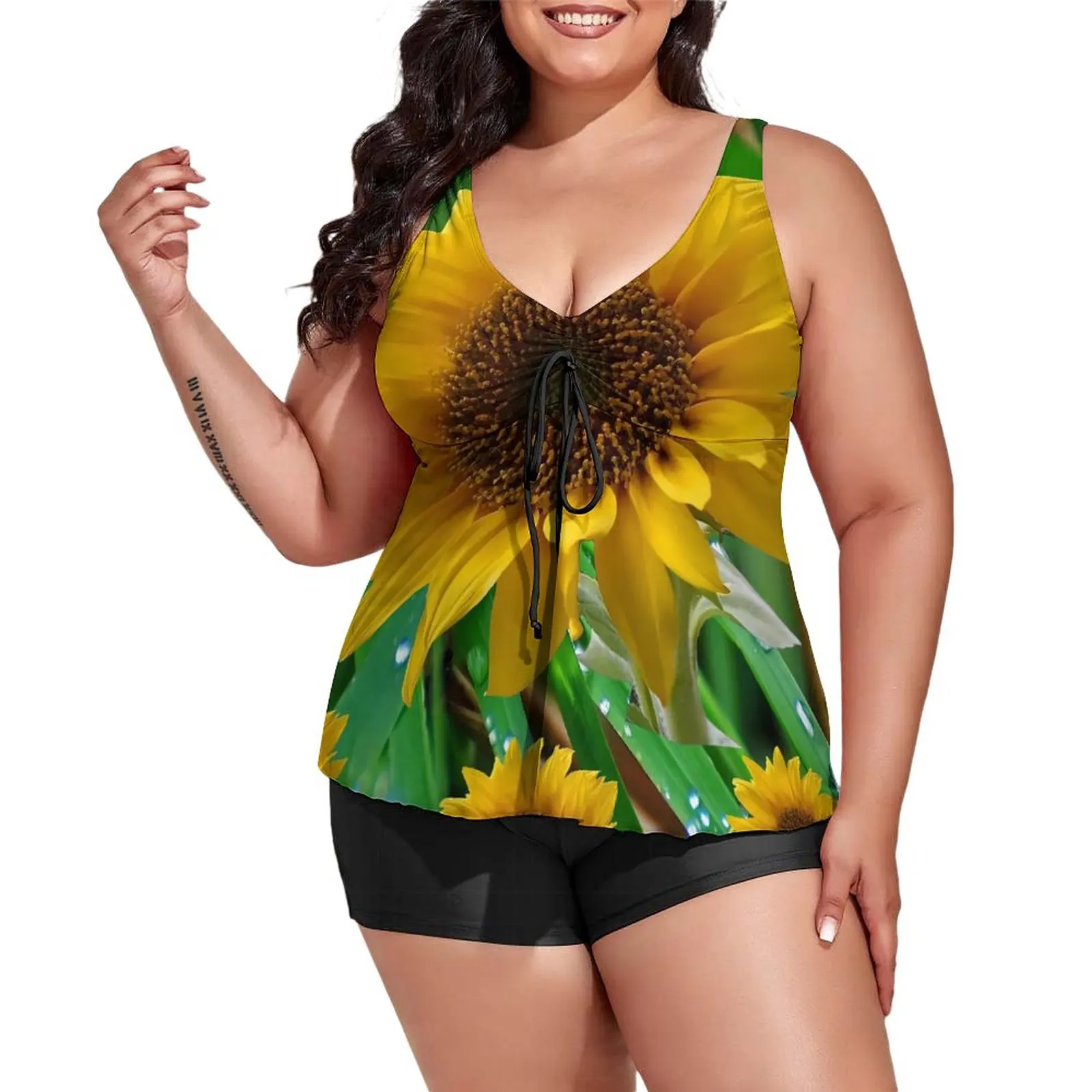 

Nature Sunflower Tankini Swimsuit Green Leaf Print Classic Swimwear Design Swimsuits Women High Waist Surfing Beachwear